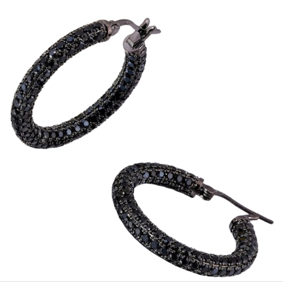 Black Pave Crystal Hoop Earrings Rhinestone Covered Blackened Metal Small Hoops - Picture 12 of 14
